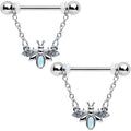 14G 9/16 White Synthetic Opal Chain Dangle Nipple Ring Set