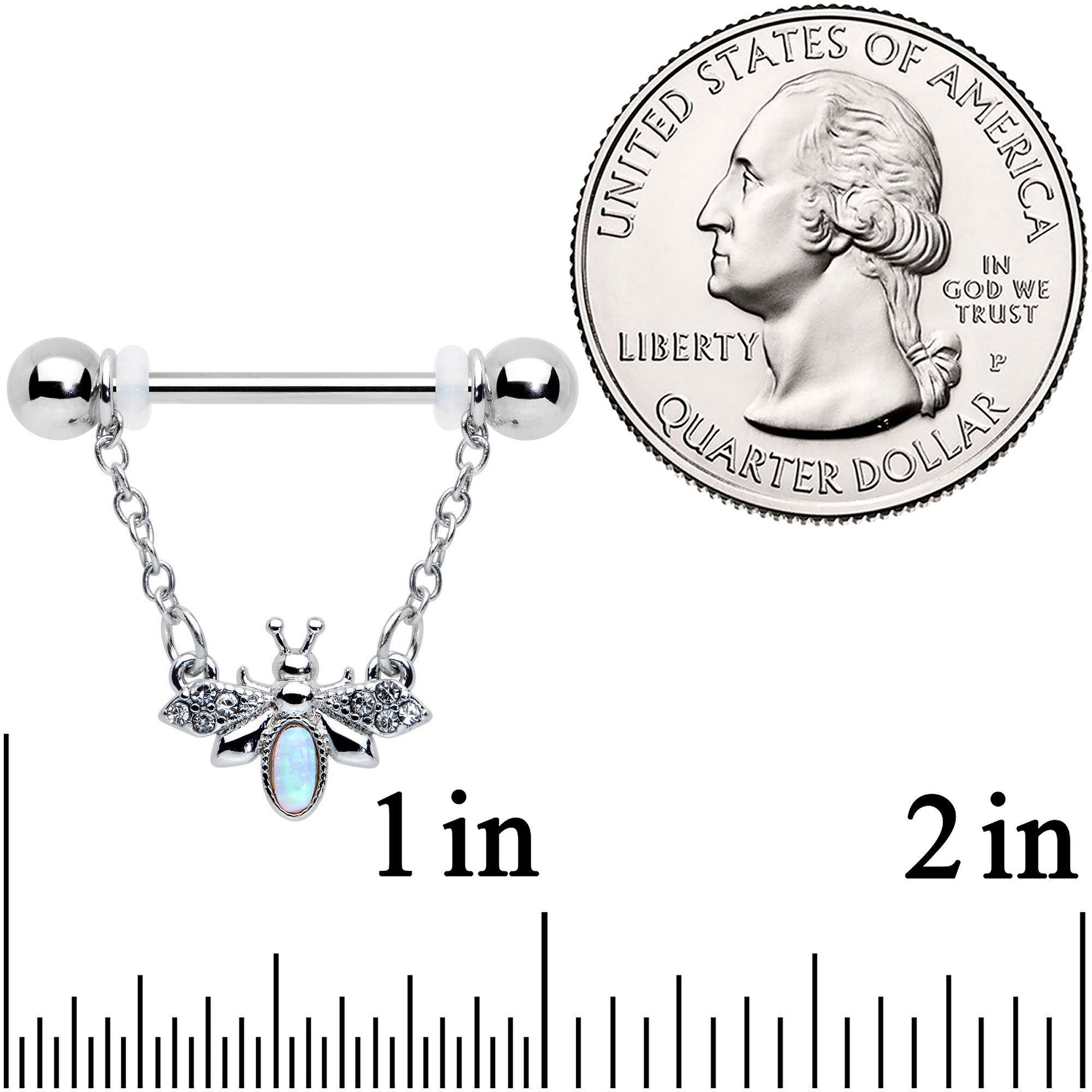 14G 9/16 White Synthetic Opal Chain Dangle Nipple Ring Set