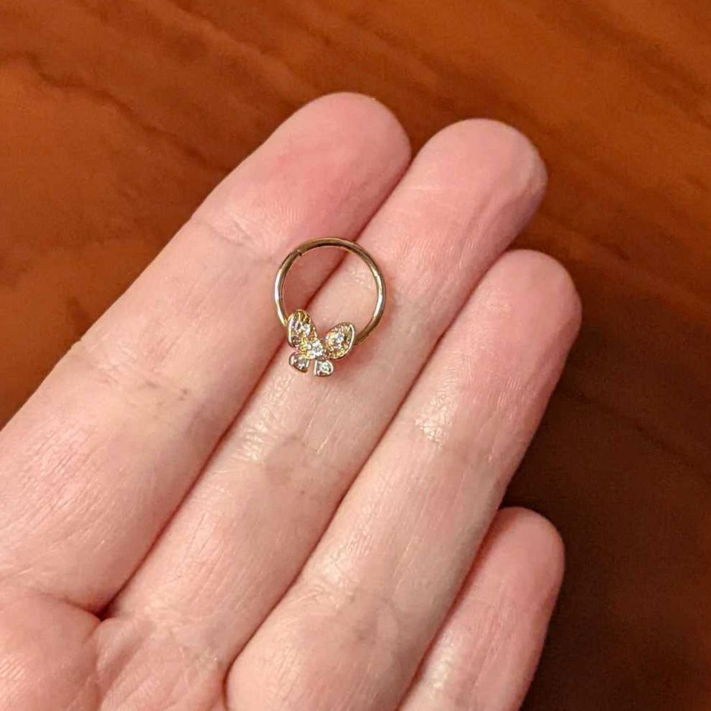 16G 3/8 Clear Gem Rose Gold Hue Airy Butterfly Hinged Segment Ring