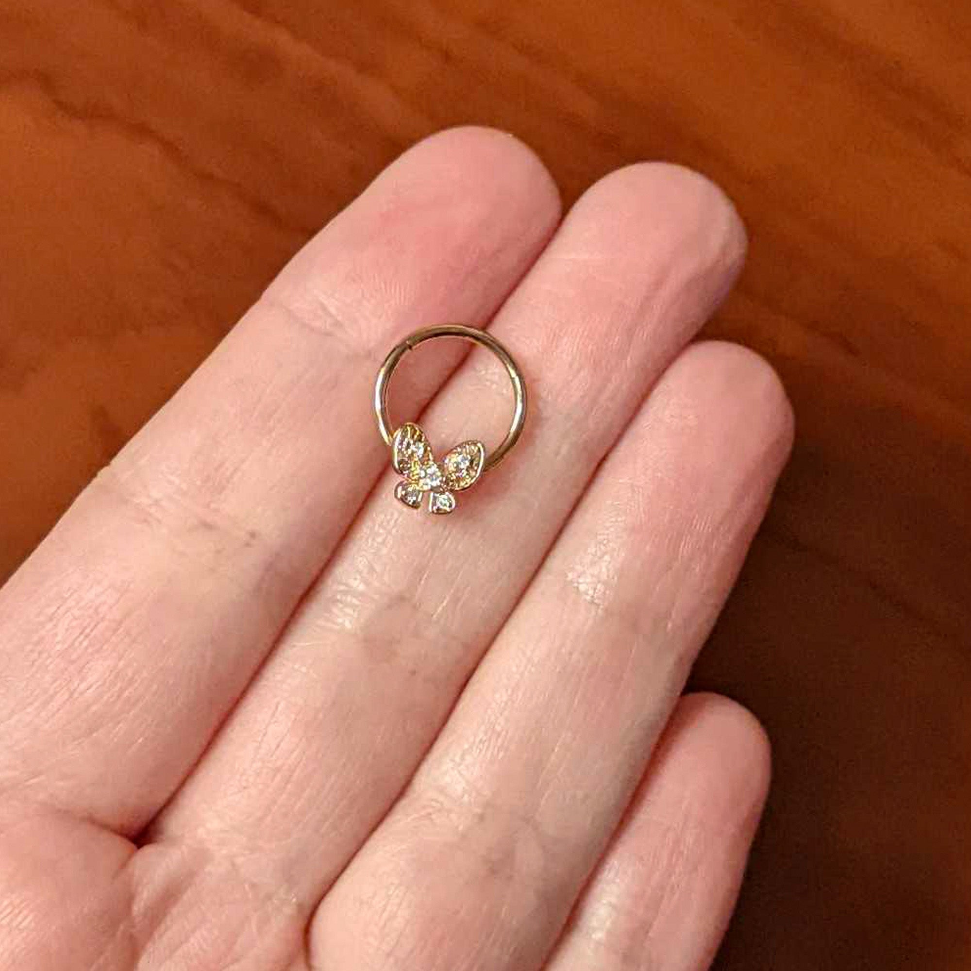16G 3/8 Clear Gem Rose Gold Hue Airy Butterfly Hinged Segment Ring