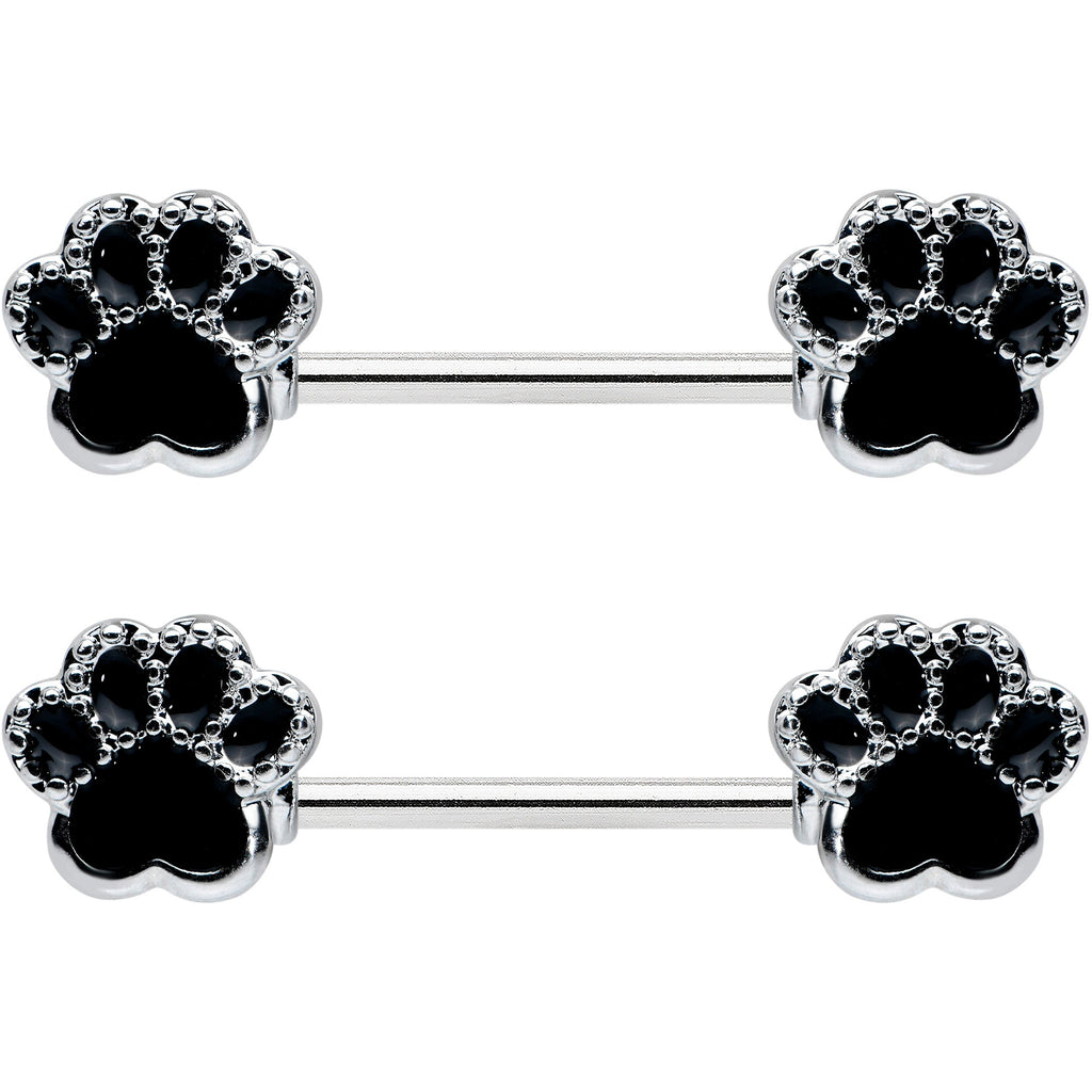 14G 9/16 Textured Black Paw Print Barbell Nipple Ring Set