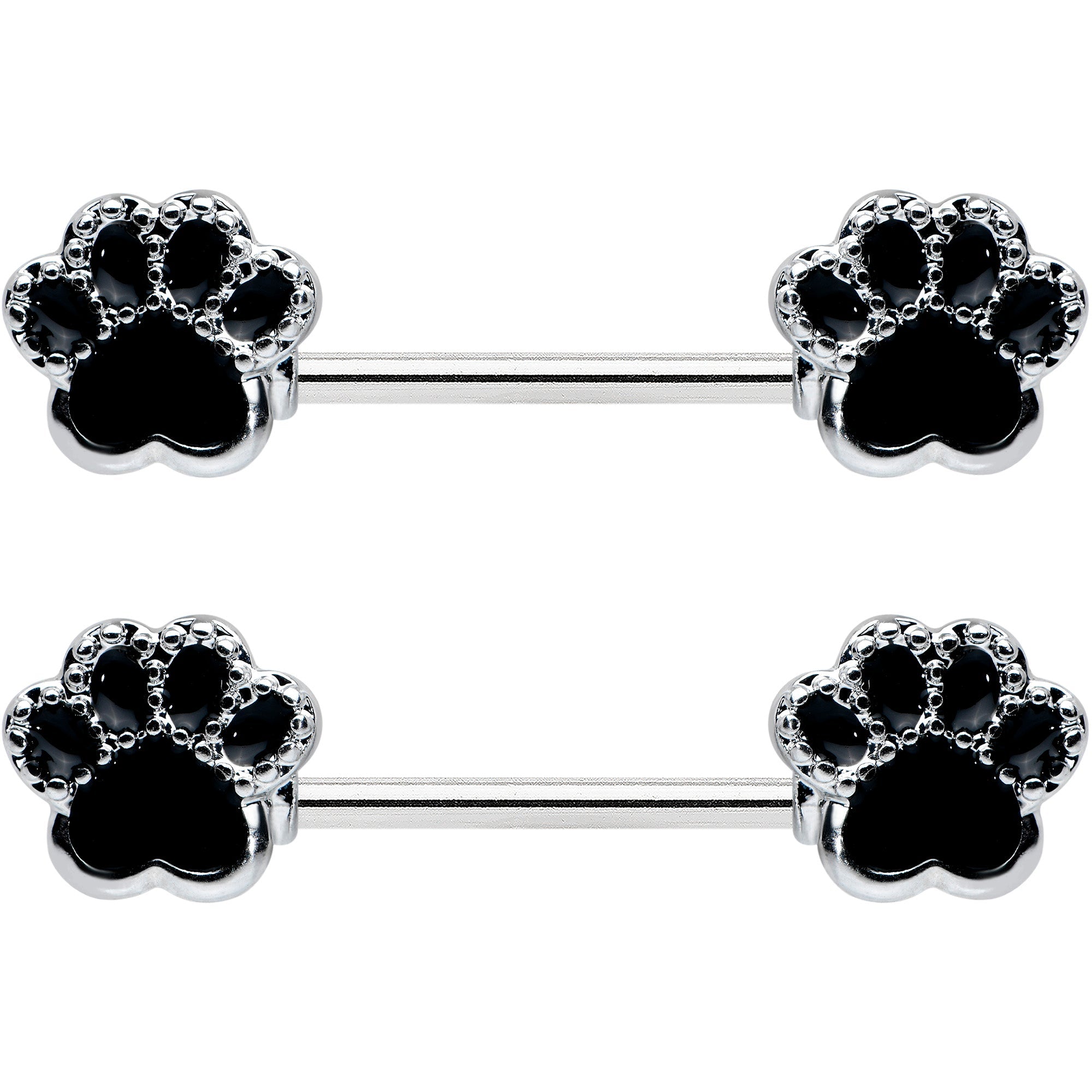 14G 9/16 Textured Black Paw Print Barbell Nipple Ring Set
