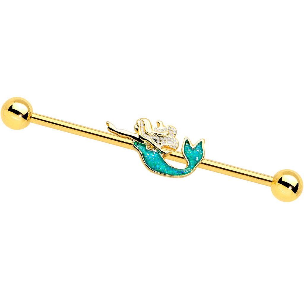 14G Green Faux Opal Gold Hue Tone Mermaid Industrial Barbell 38mm