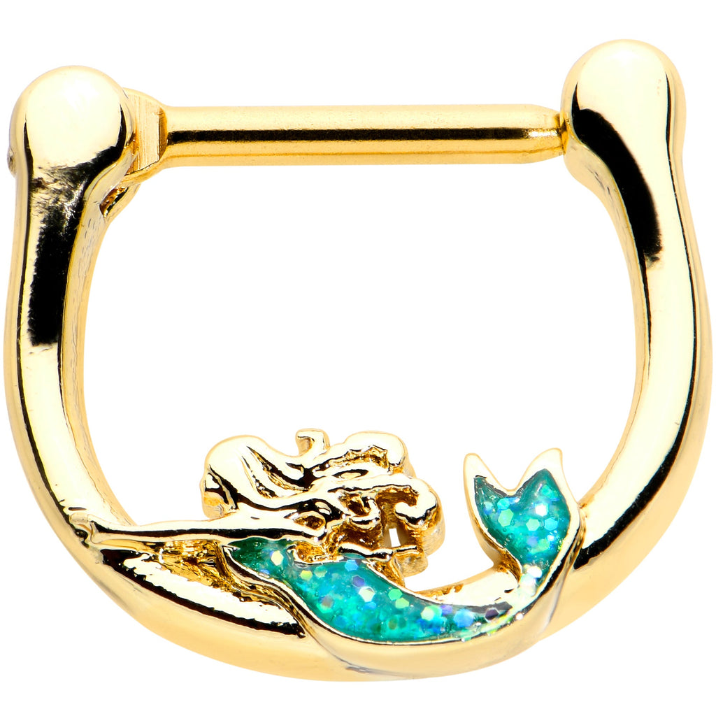 16G 5/16 Green Faux Opal Gold Hue Curvy Mermaid Cartilage Clicker