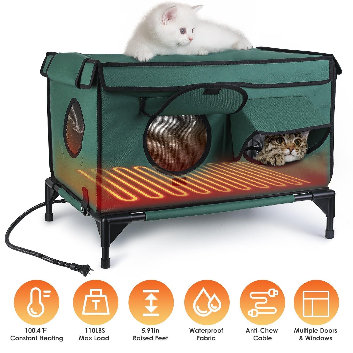 Waterproof Heated Cat House Outdoor Weatherproof Insulated Kitty Shelter Feral Cat Heating Bed with Heating Pad Anti-Chew Cord 2 Doors 3 Windows for I