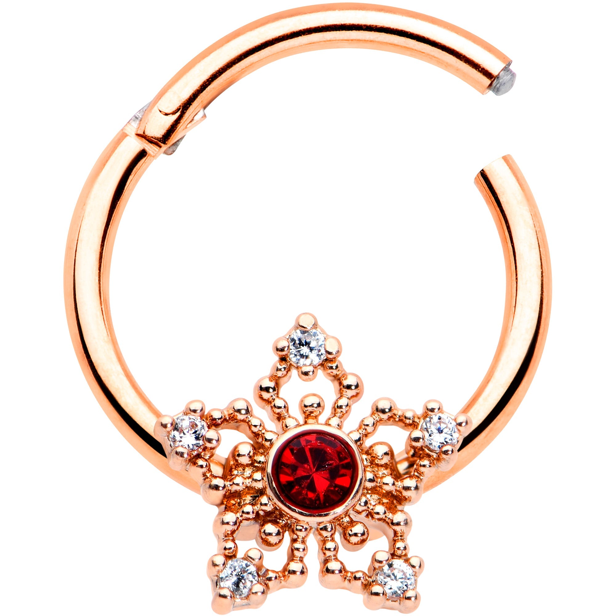 16G 3/8 Red Gem Rosy Hue Texture Snowflake Hinged Segment Ring
