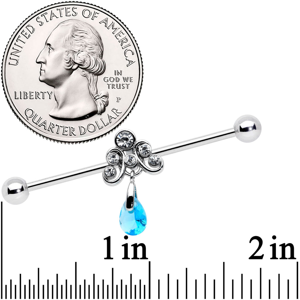 14G Blue Gem Scrolling Elegance Dangle Industrial Barbell 38mm