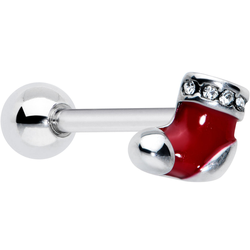 Clear CZ Gem Festive Red Stocking Christmas Barbell Tongue Ring
