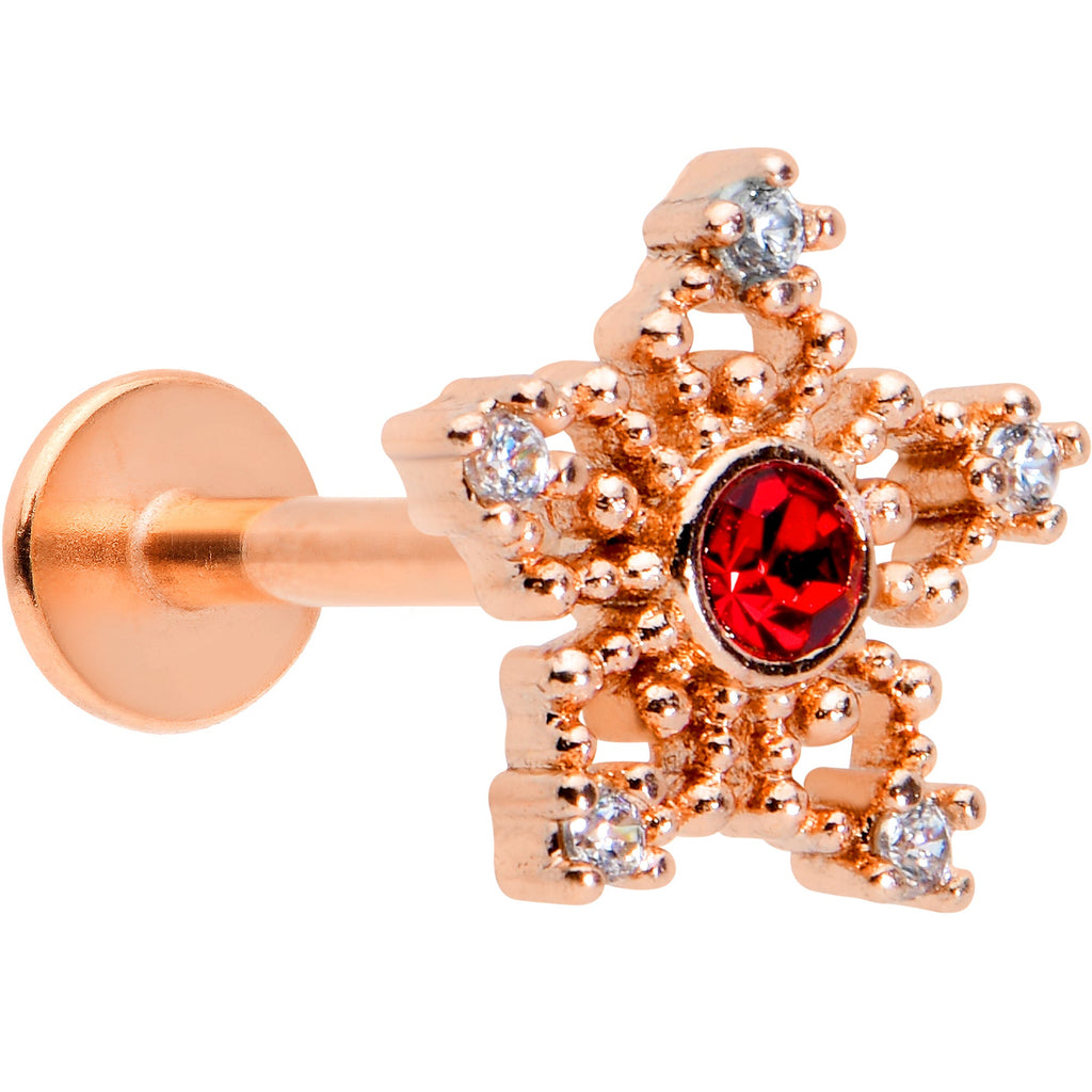 16G 5/16 Red Gem Rose Gold Tone Texture Snowflake Labret Tragus