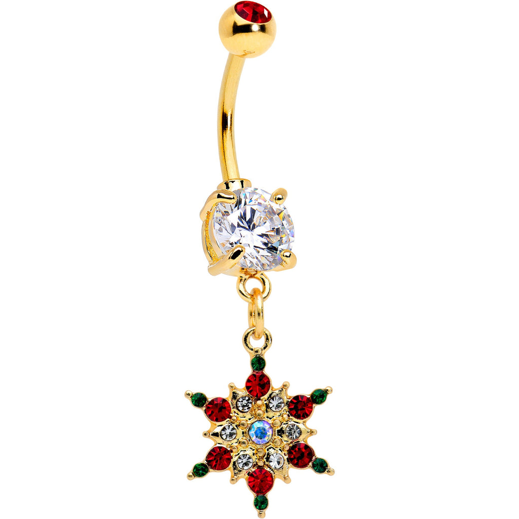 Aurora Red Green Gem Gold Tone Christmas Star Holiday Dangle Belly Ring