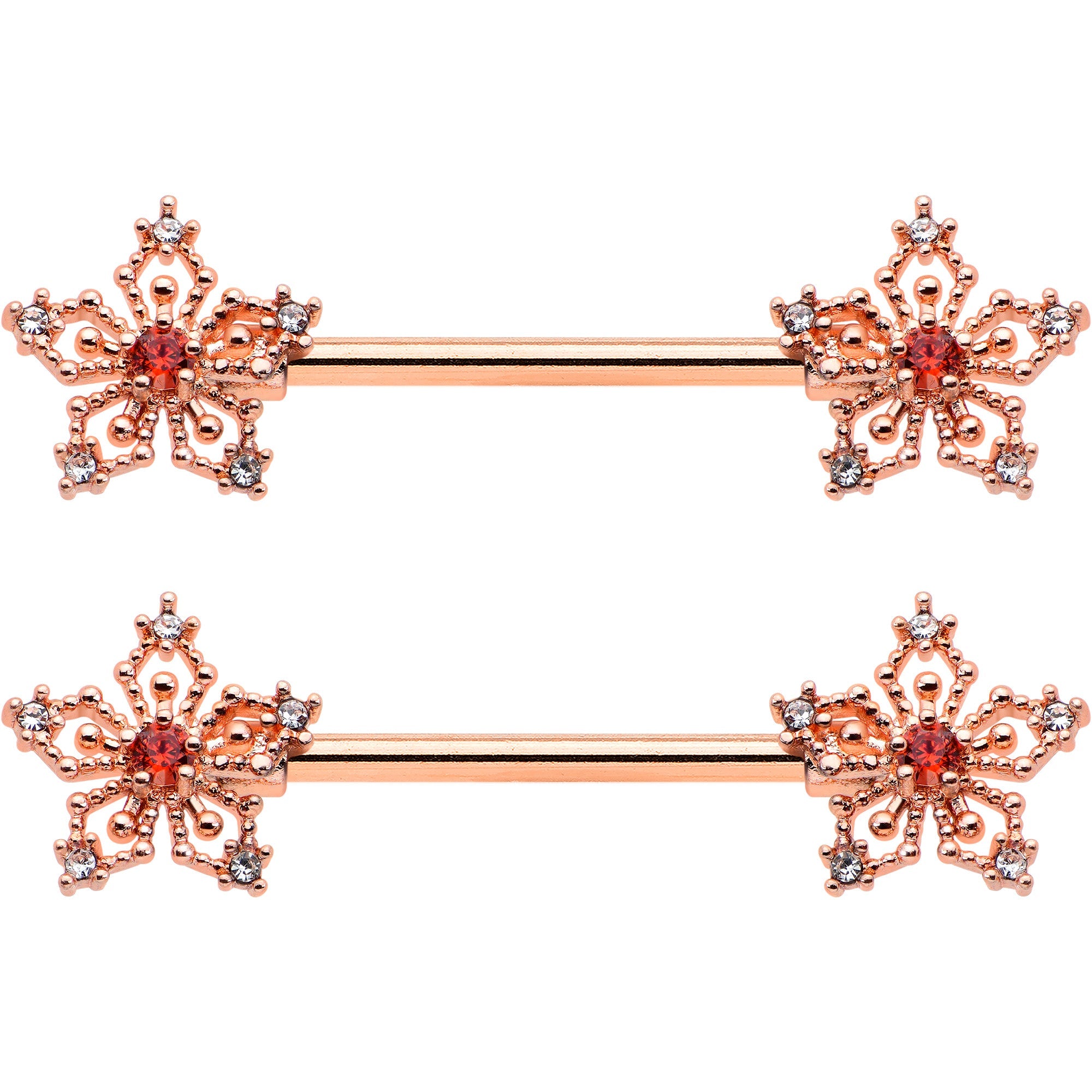 14G 9/16 Red Gem Rosy Hue Texture Snowflake Barbell Nipple Ring Set