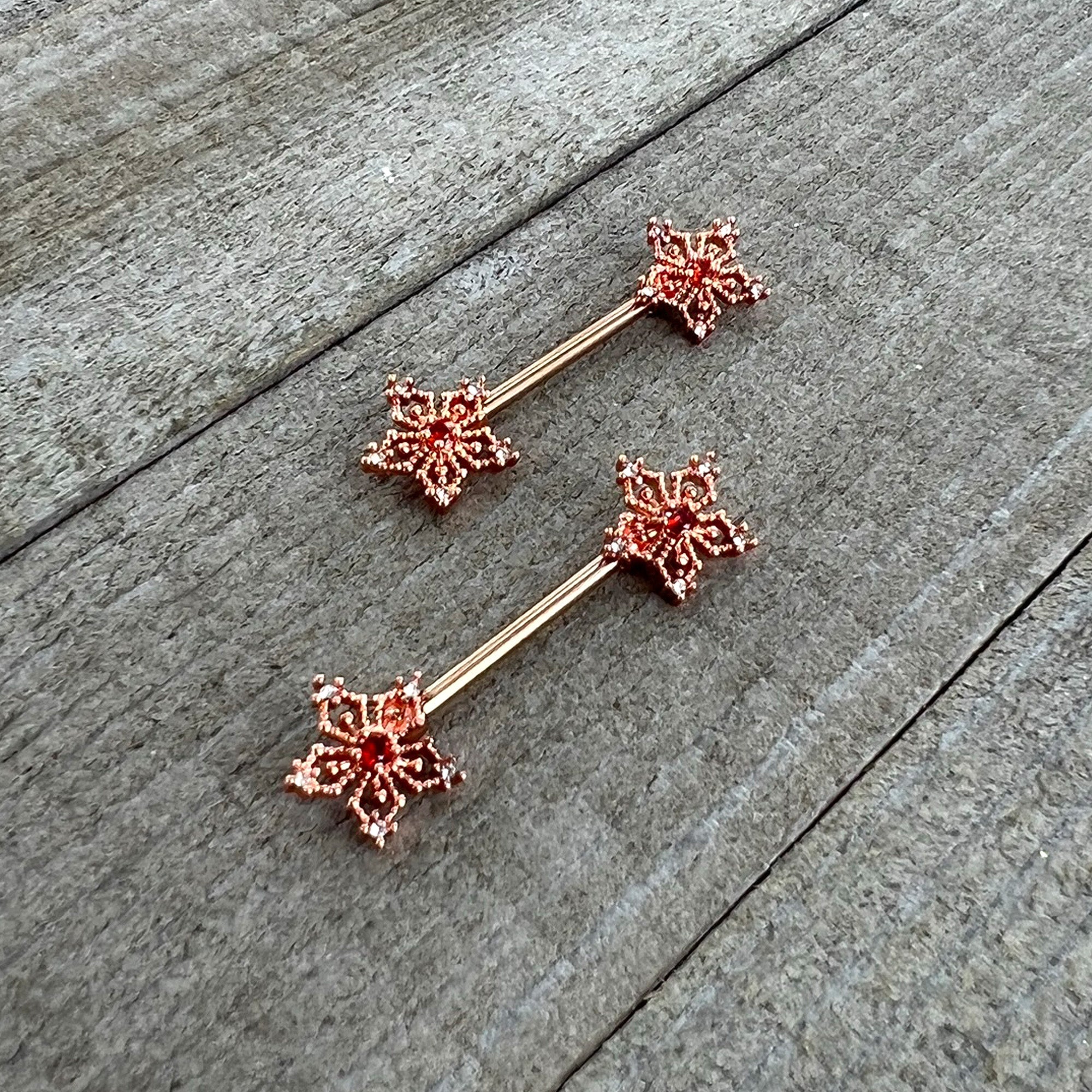 14G 9/16 Red Gem Rosy Hue Texture Snowflake Barbell Nipple Ring Set