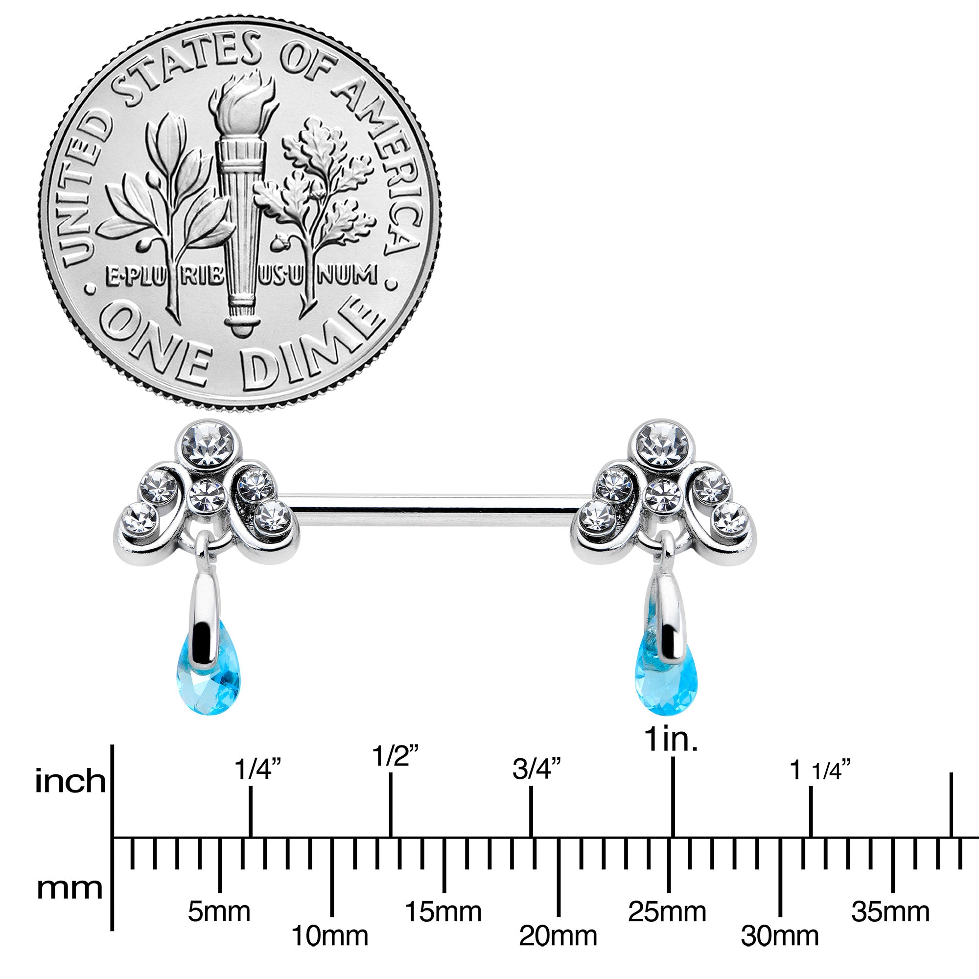 14G 9/16 Blue Gem Scrolling Elegance Dangle Nipple Ring Set