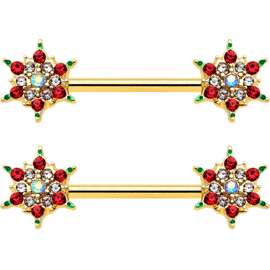 14G 9/16 Red Gem Gold Hue Bright Christmas Barbell Nipple Ring Set