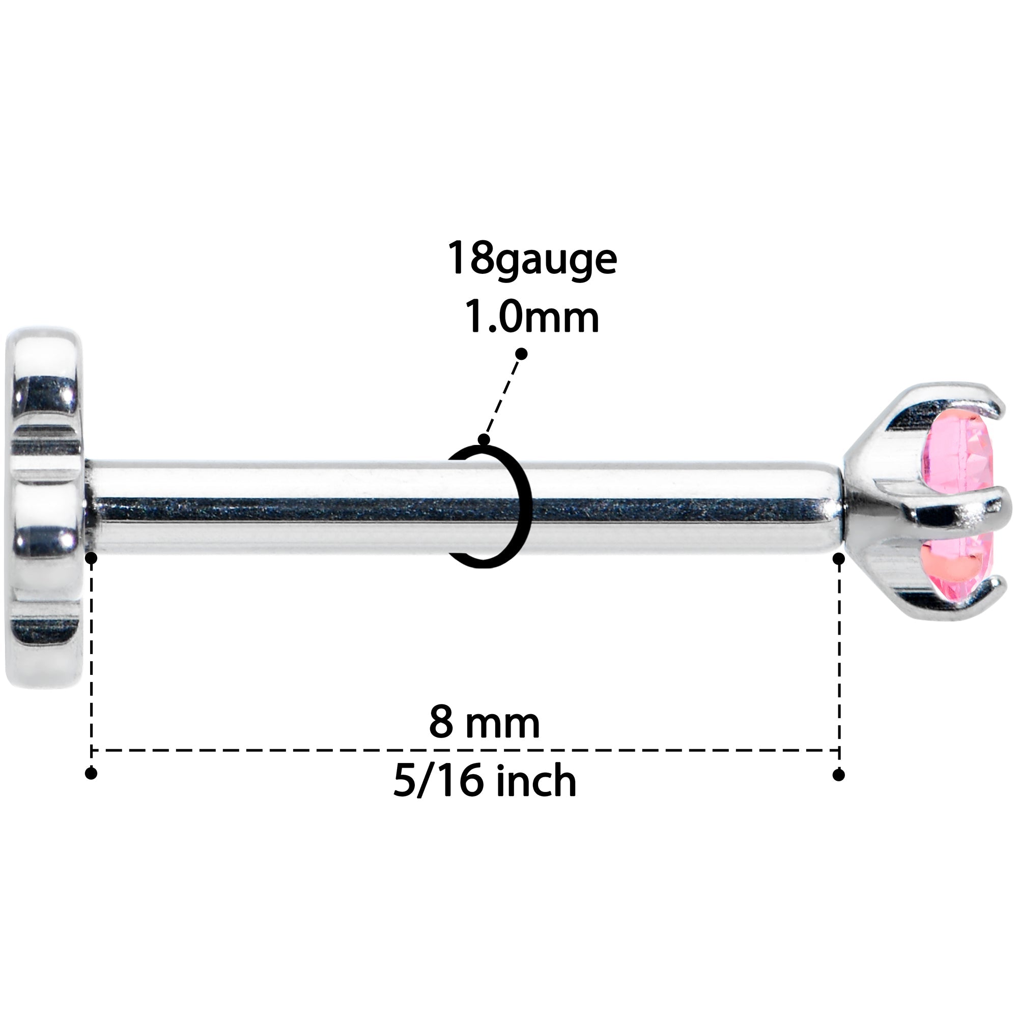 18G 5/16 Pink CZ Gem G23 Titanium Threadless Flower Labret Tragus