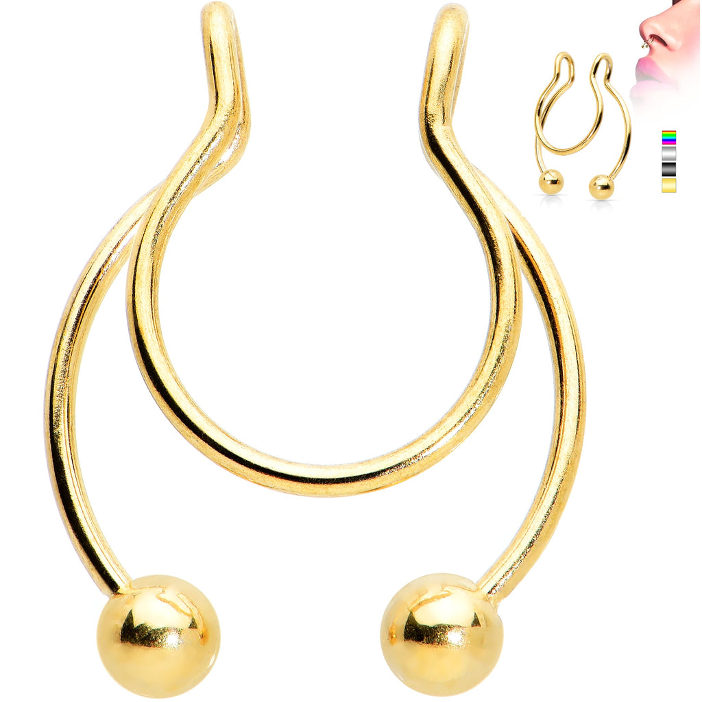 Gold Tone Horseshoe Ball Fake Septum Ring Nipple and Clip on Earring