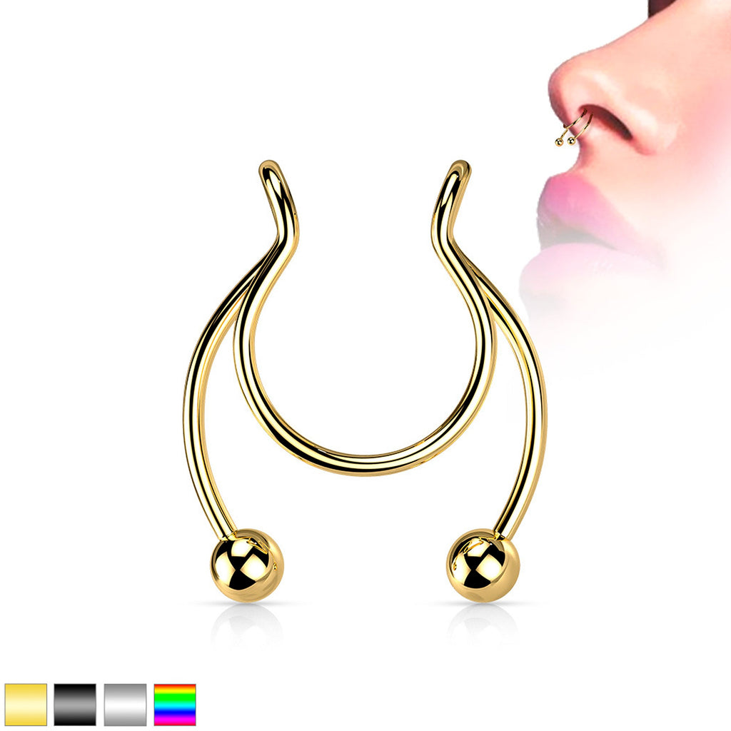 Gold Tone Horseshoe Ball Fake Septum Ring Nipple and Clip on Earring