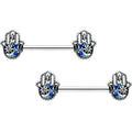 14G 9/16 Clear Blue Gem Textured Hamsa Hand Nipple Ring Set