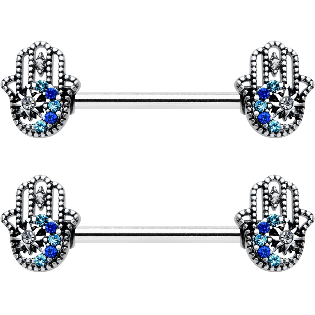 14G 9/16 Clear Blue Gem Textured Hamsa Hand Nipple Ring Set