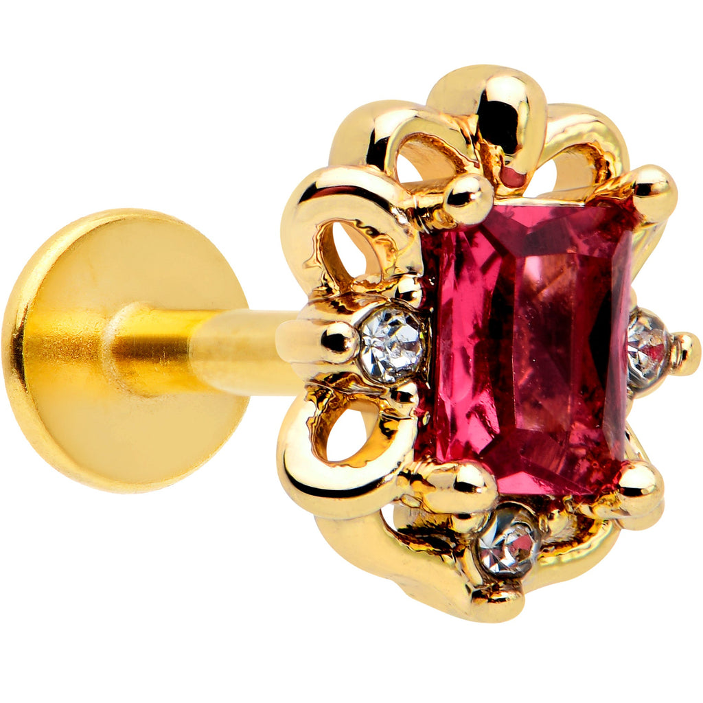 16G 1/4 Red Gem Gold Tone Regal Escutcheon Labret Monroe Tragus