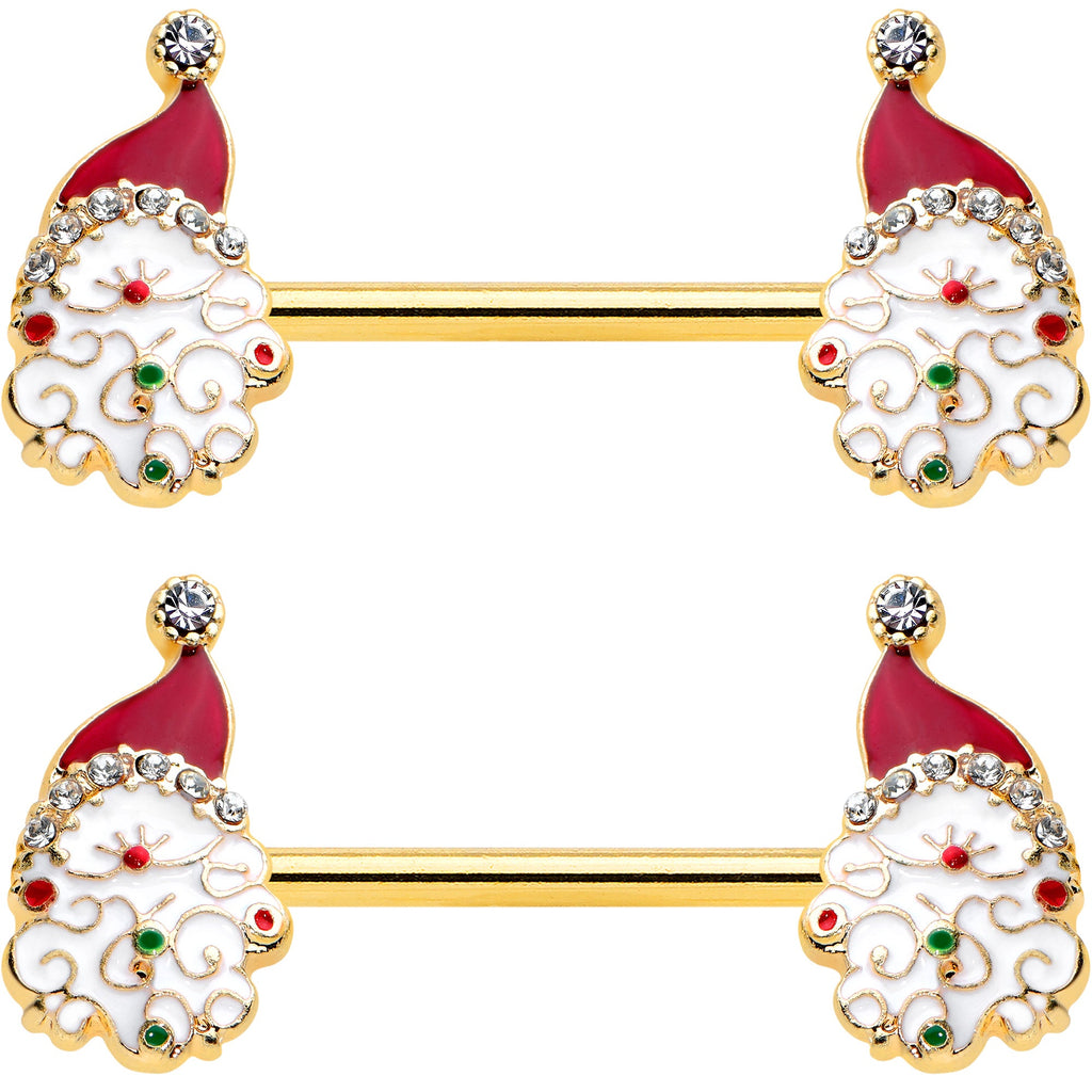 14G 1/2 Clear Gem Gold Tone Decorated Santa Barbell Nipple Ring Set