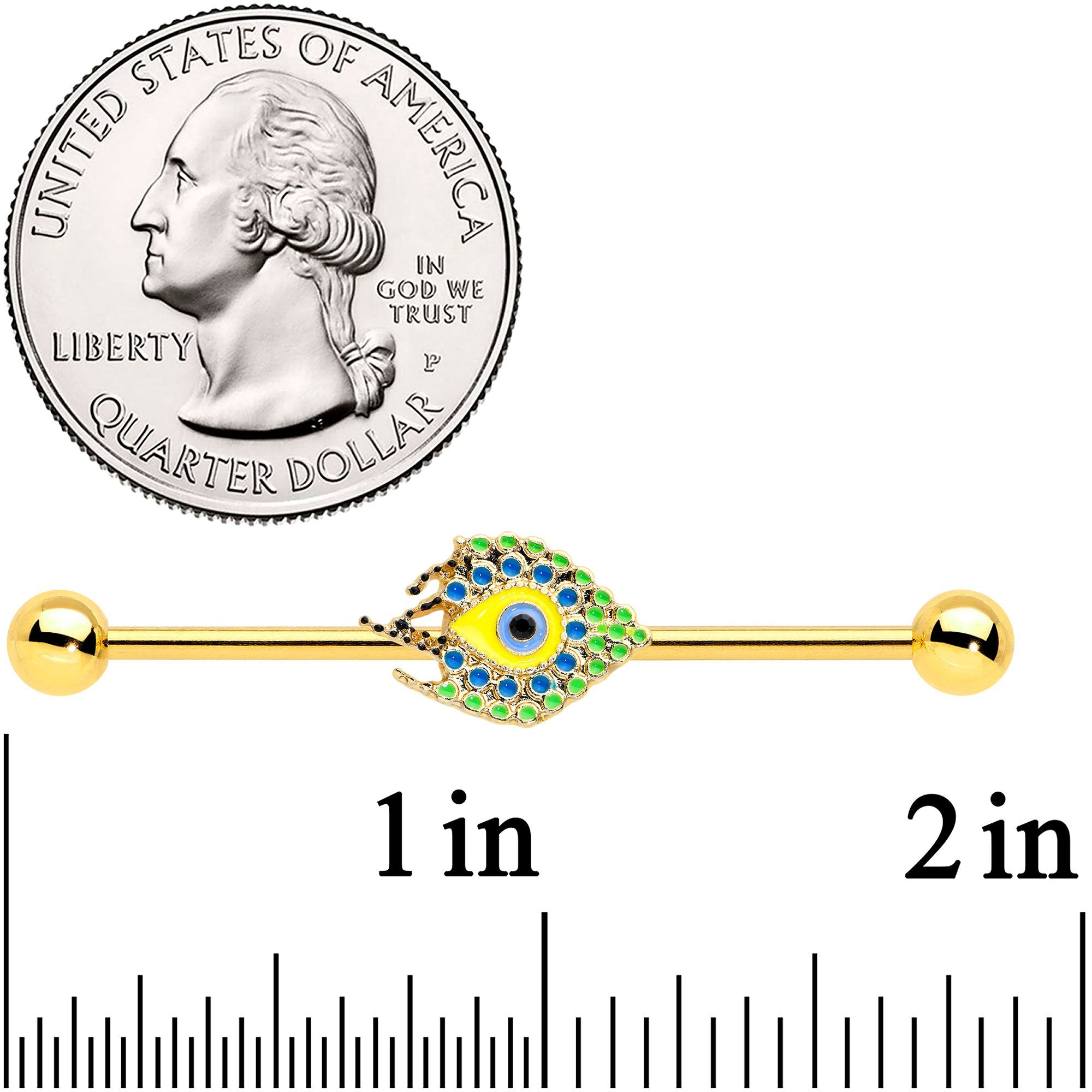 14G Gold Tone Bold Peacock Feather Industrial Barbell 38mm