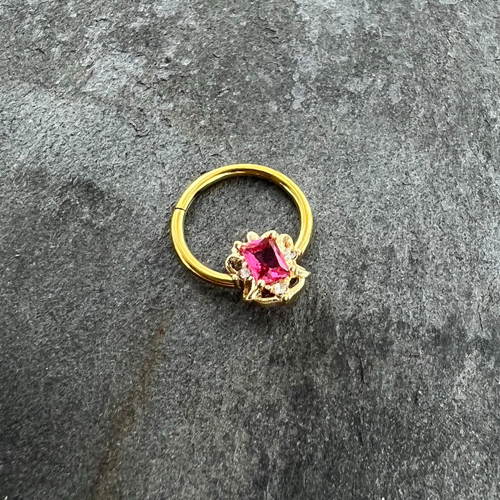 16G 3/8 Clear Pink Gem Gold Tone Open Oblong Hinged Segment Ring