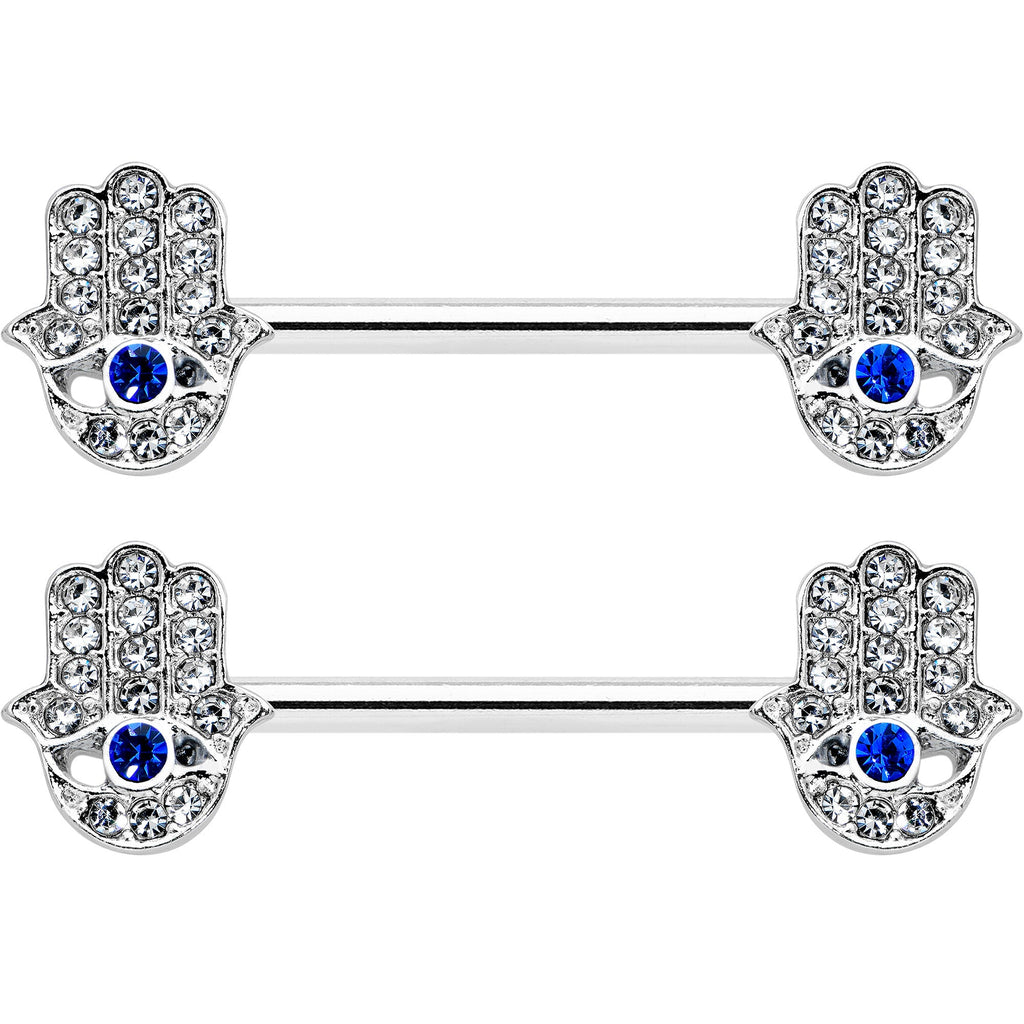 14G 9/16 Clear Blue Gem Eye Hamsa Hand Barbell Nipple Ring Set