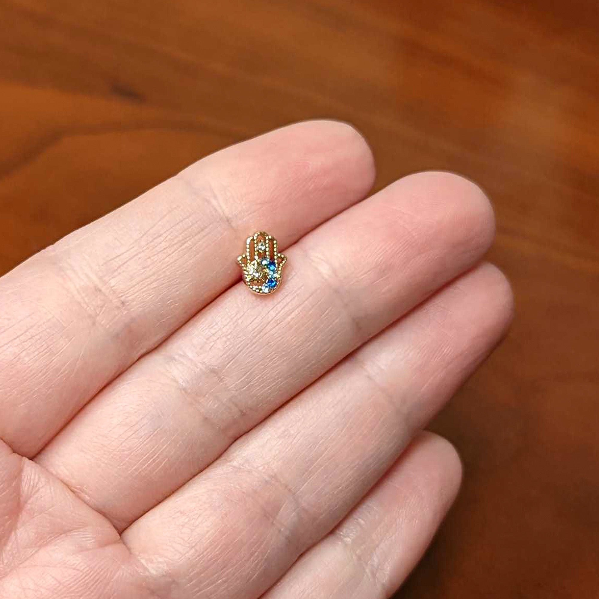 16G 5/16 Blue Gem Gold Hue Texture Hamsa Labret Monroe Tragus