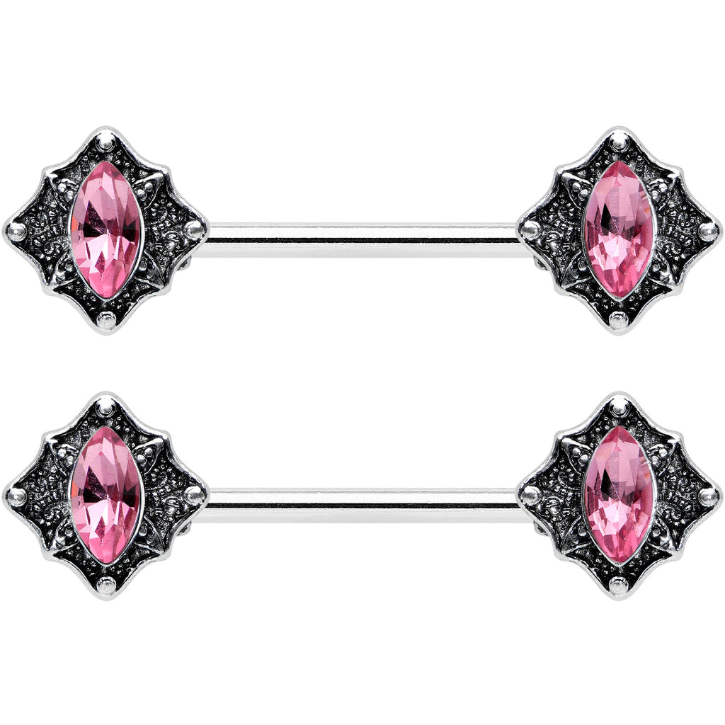 14G 9/16 Pink Gem Rhombus Retro Barbell Nipple Ring Set
