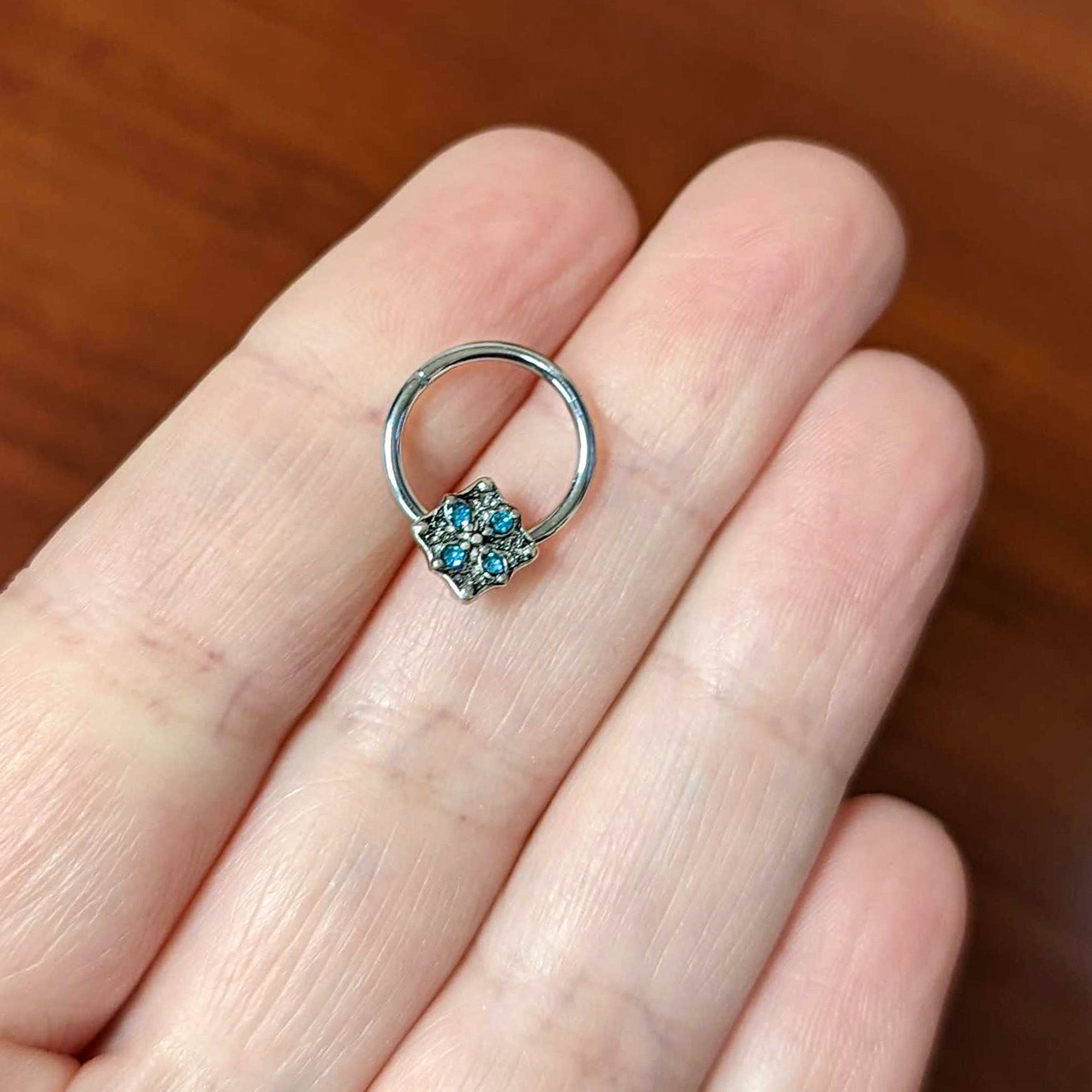 16G 3/8 Blue Gem Floral Rhombus Baroque Hinged Segment Ring