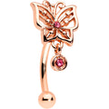 16G 5/16 Pink CZ Gem Rose Gold Tone Butterfly Curved Eyebrow Ring