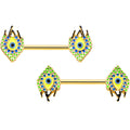14G 9/16 Gold Tone Bold Peacock Feather Barbell Nipple Ring Set