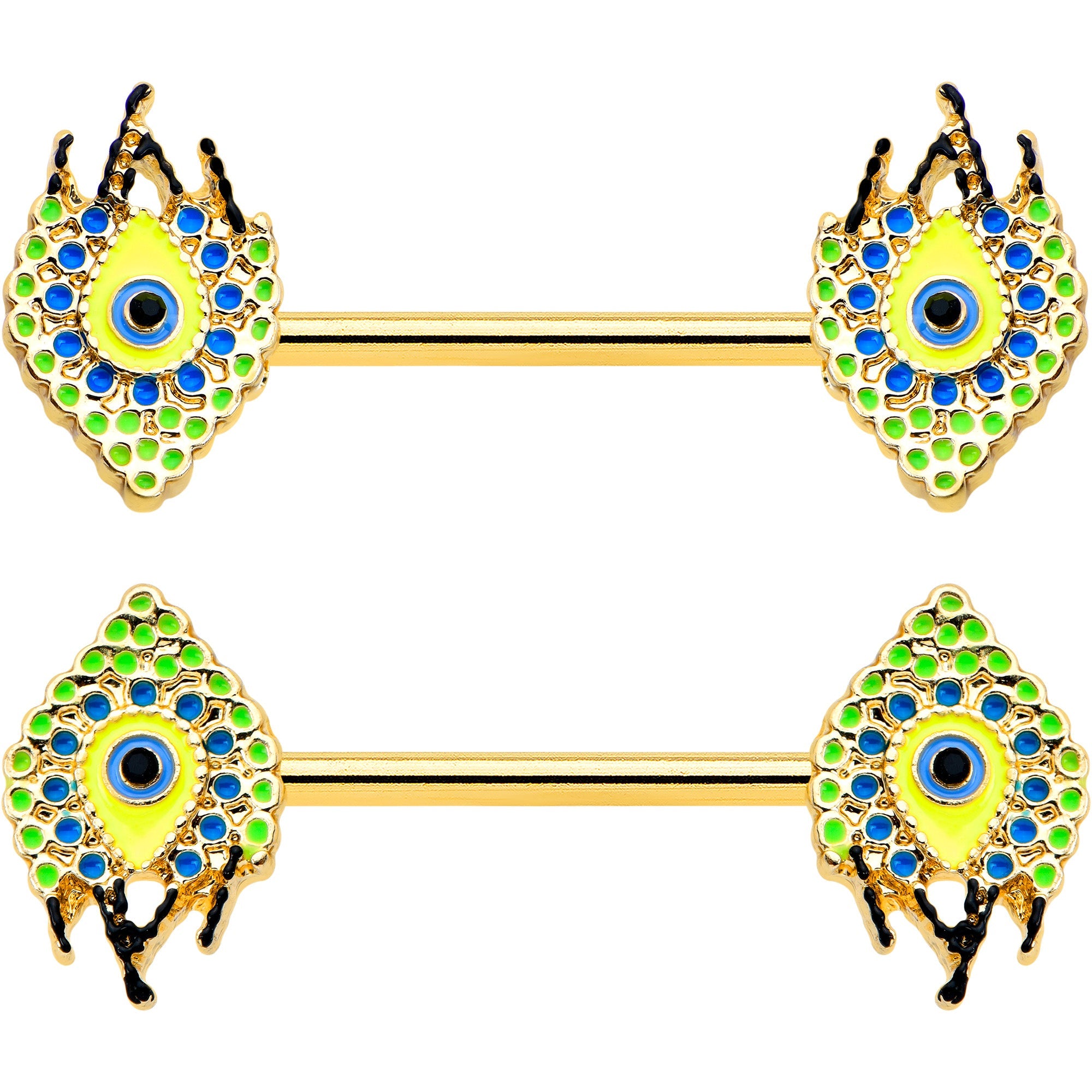 14G 9/16 Gold Tone Bold Peacock Feather Barbell Nipple Ring Set