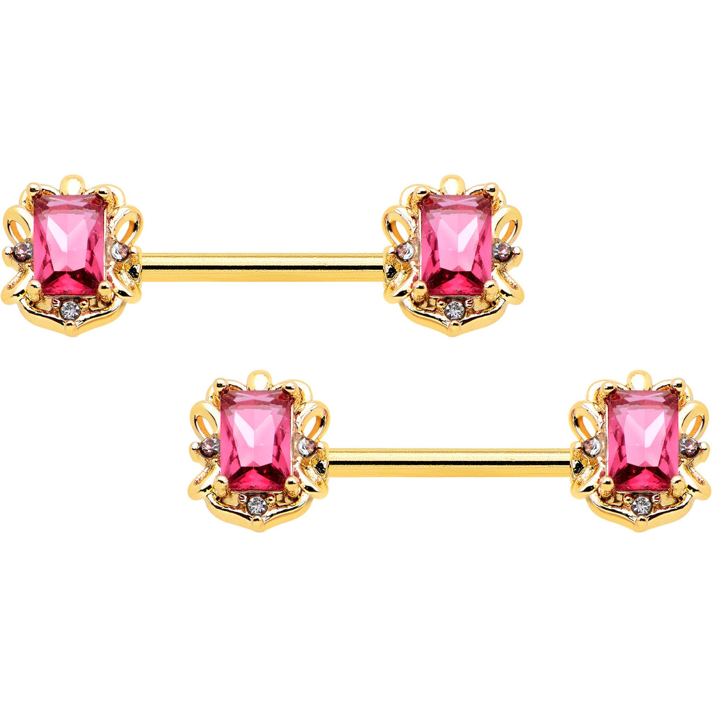 14G 9/16 Red Gem Gold Hue Regal Escutcheon Barbell Nipple Ring Set
