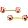 14G 9/16 Red Gem Gold Hue Regal Escutcheon Barbell Nipple Ring Set