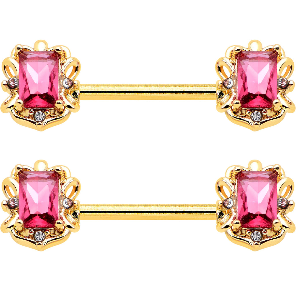 14G 9/16 Red Gem Gold Hue Regal Escutcheon Barbell Nipple Ring Set