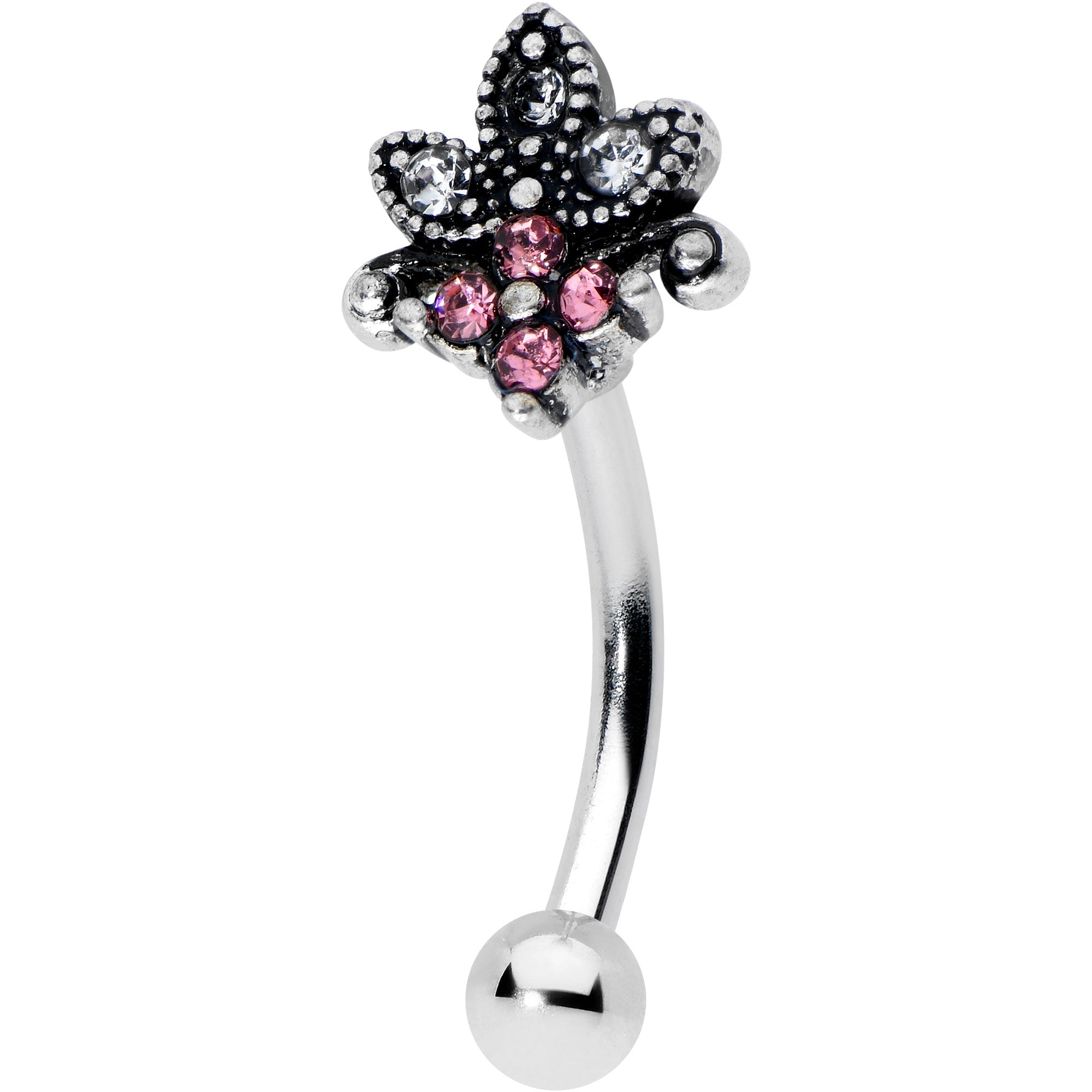 16G 5/16 Clear Pink Gem Abstract Leaf Flower Curved Eyebrow Ring