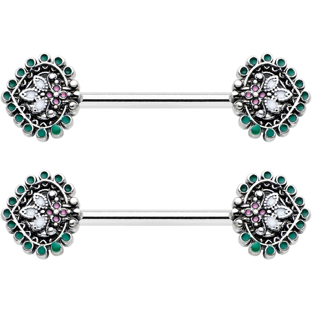 14G 9/16 Stylized Pink Green Leaf Barbell Nipple Ring Set