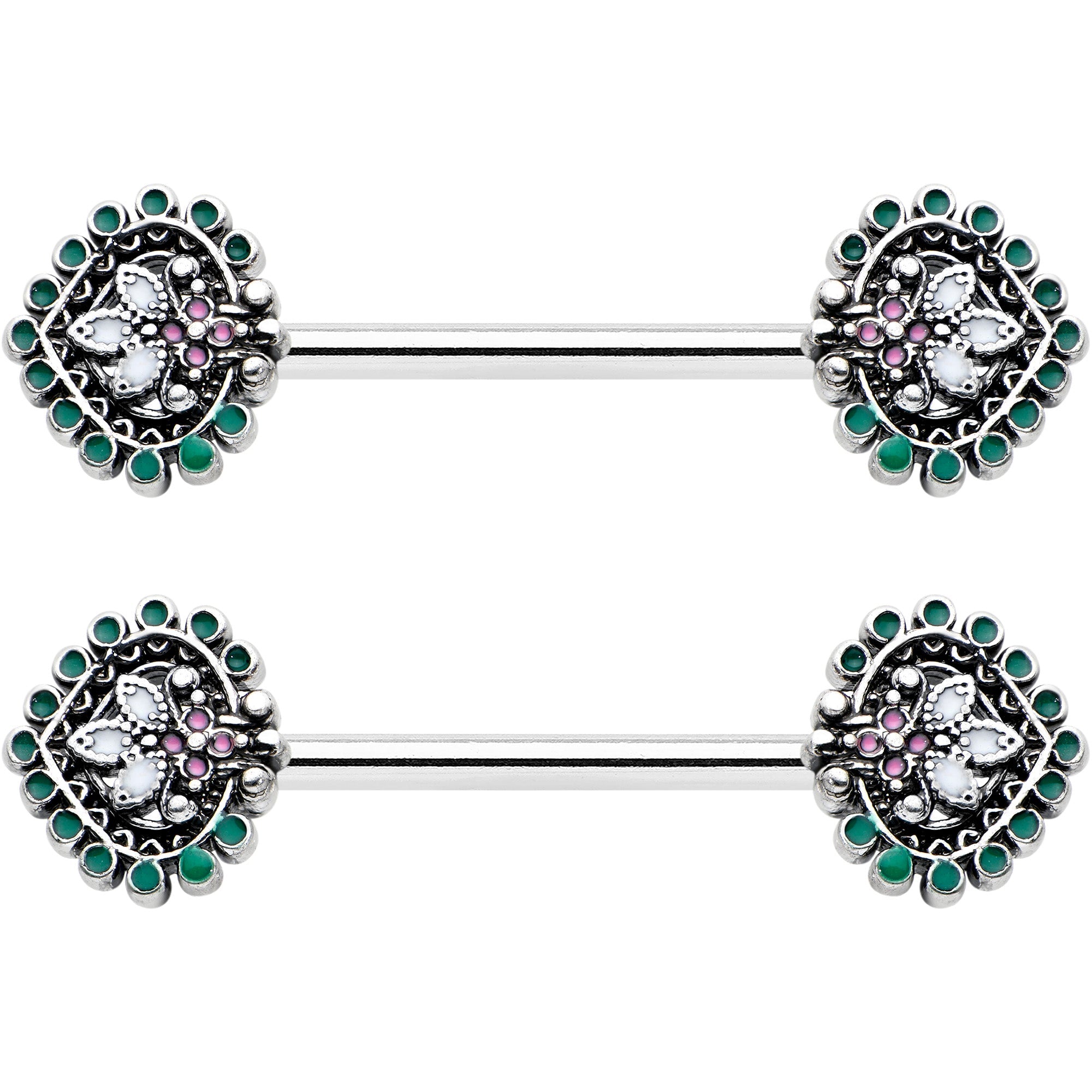 14G 9/16 Stylized Pink Green Leaf Barbell Nipple Ring Set