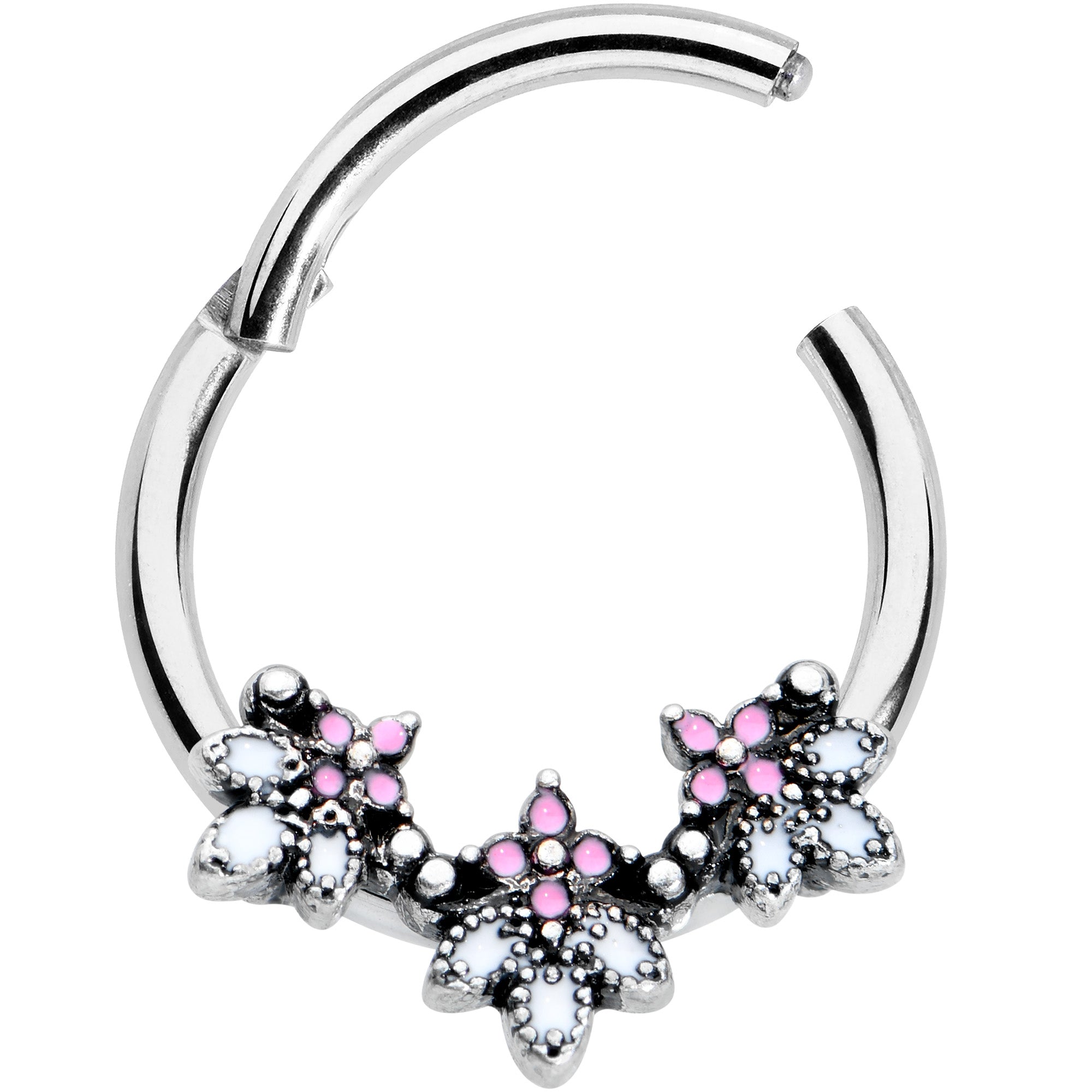 16G 3/8 Pink White Abstract Leaf Hinged Segment Ring
