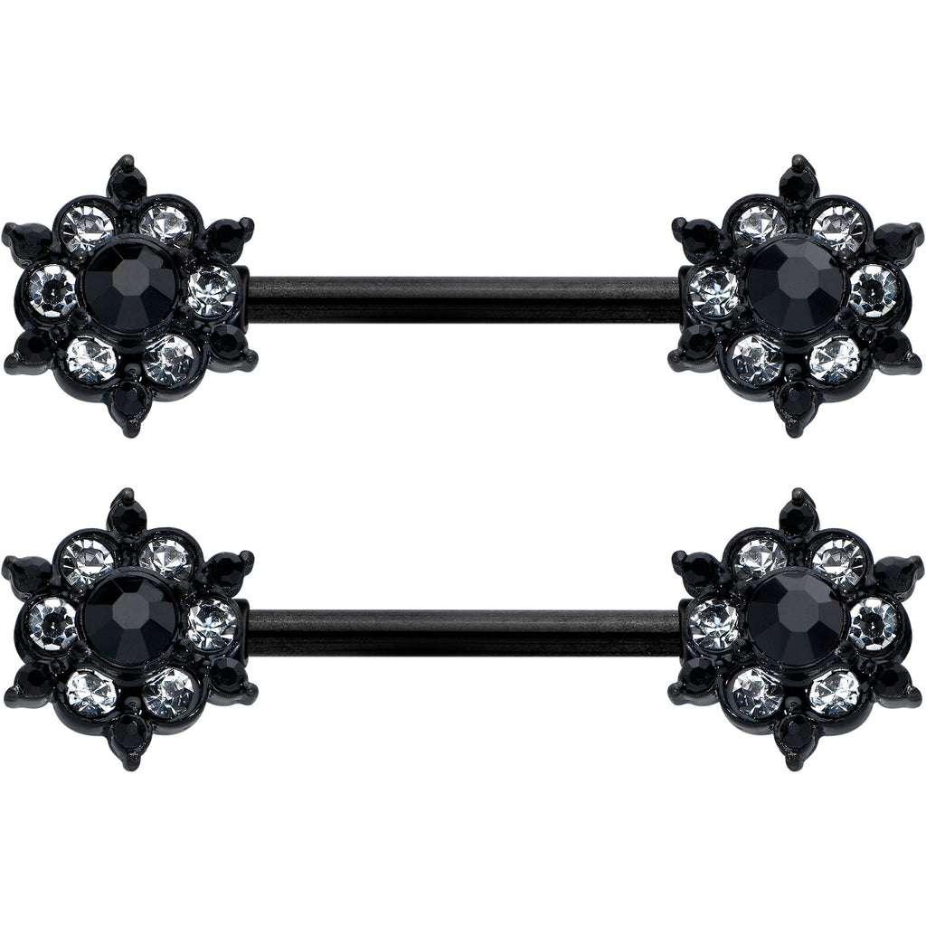 14G 9/16 Clear CZ Gem Black Abstract Sun Barbell Nipple Ring Set