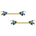 14G 9/16 Gold Tone Blue Stripe Adorable Angelfish Nipple Ring Set