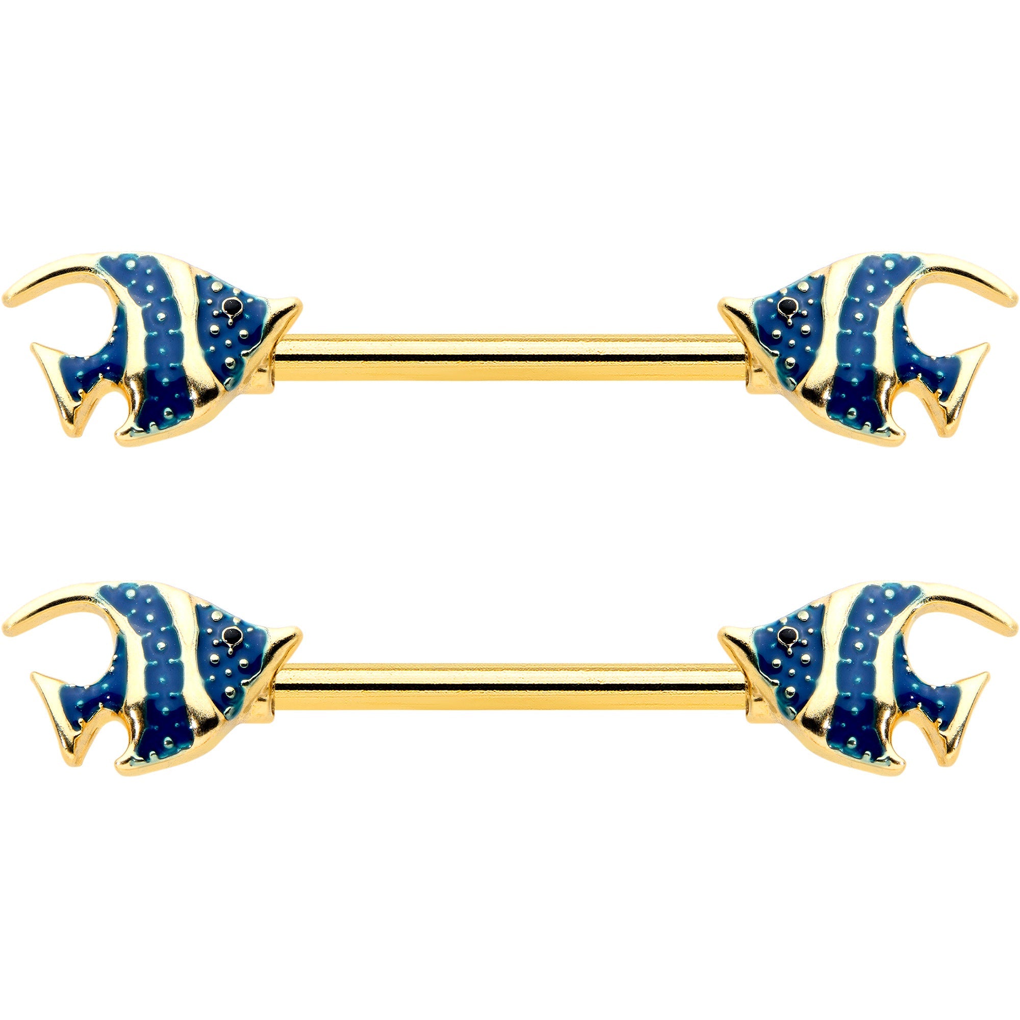14G 9/16 Gold Tone Blue Stripe Adorable Angelfish Nipple Ring Set