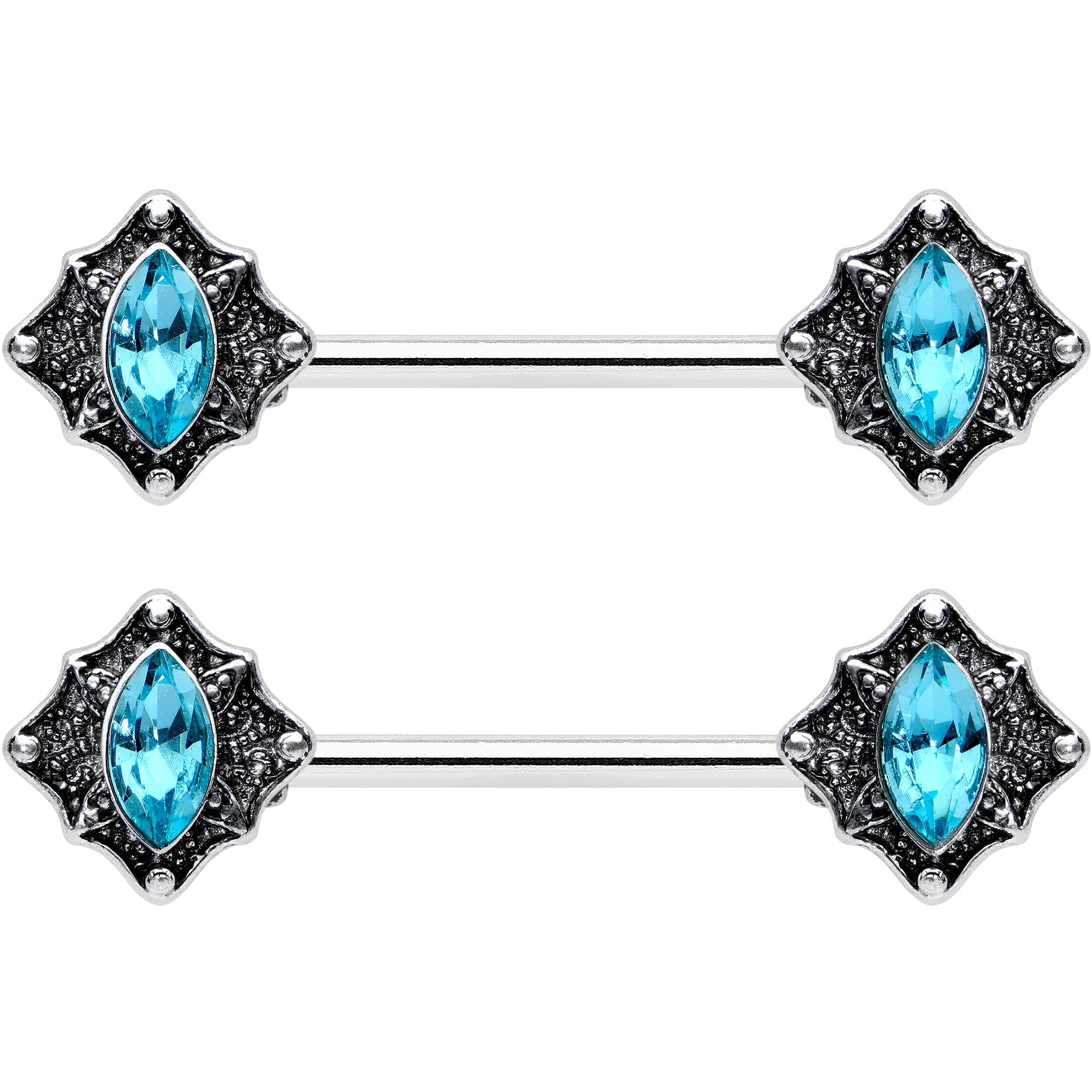 14G 9/16 Blue Gem Rhombus Retro Barbell Nipple Ring Set