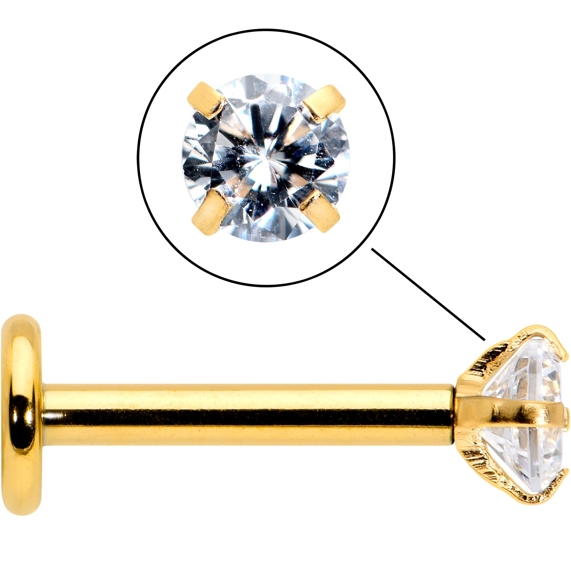 16G 5/16 Clear Gem Gold Tone Round Internal Thread Labret Tragus