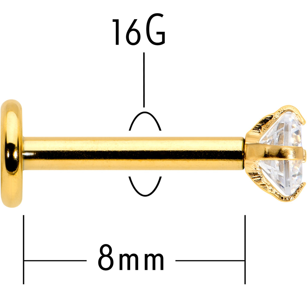16G 5/16 Clear Gem Gold Tone Round Internal Thread Labret Tragus