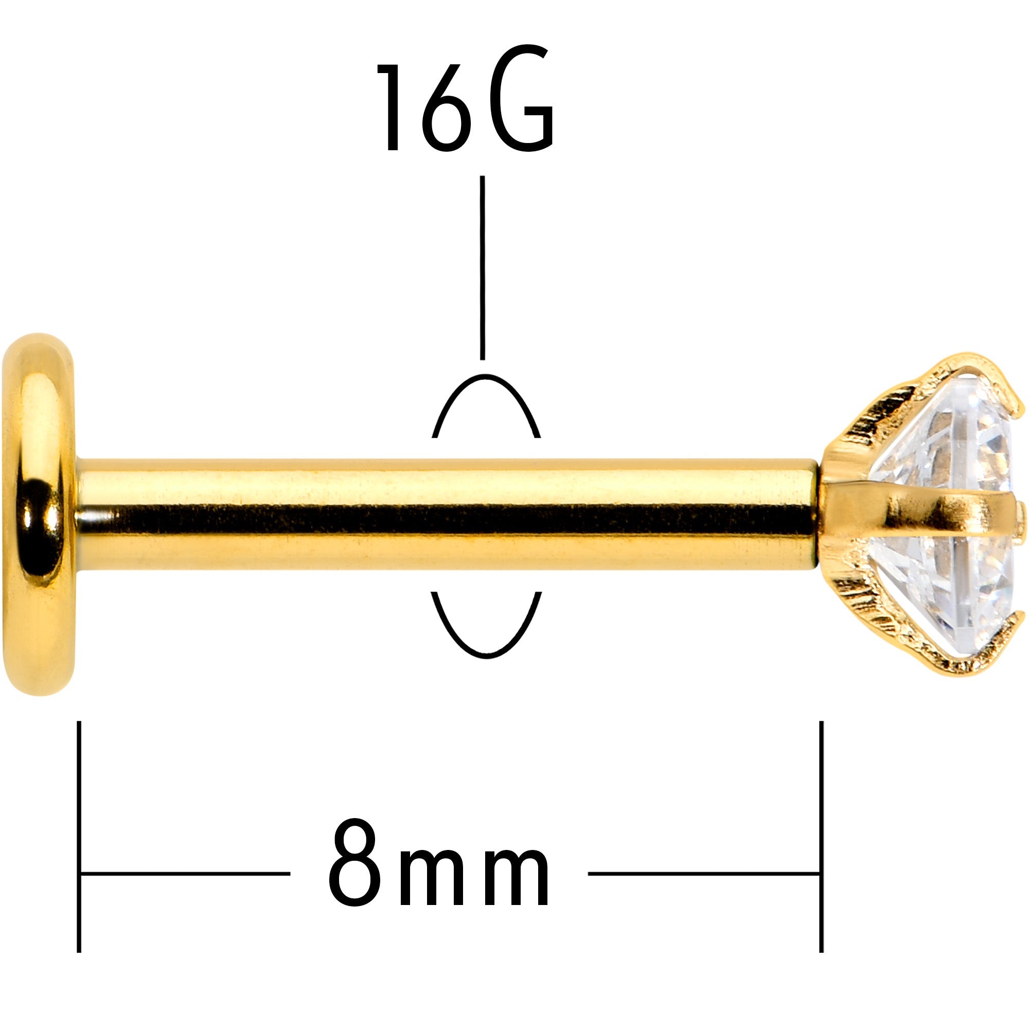 16G 5/16 Clear Gem Gold Tone Round Internal Thread Labret Tragus