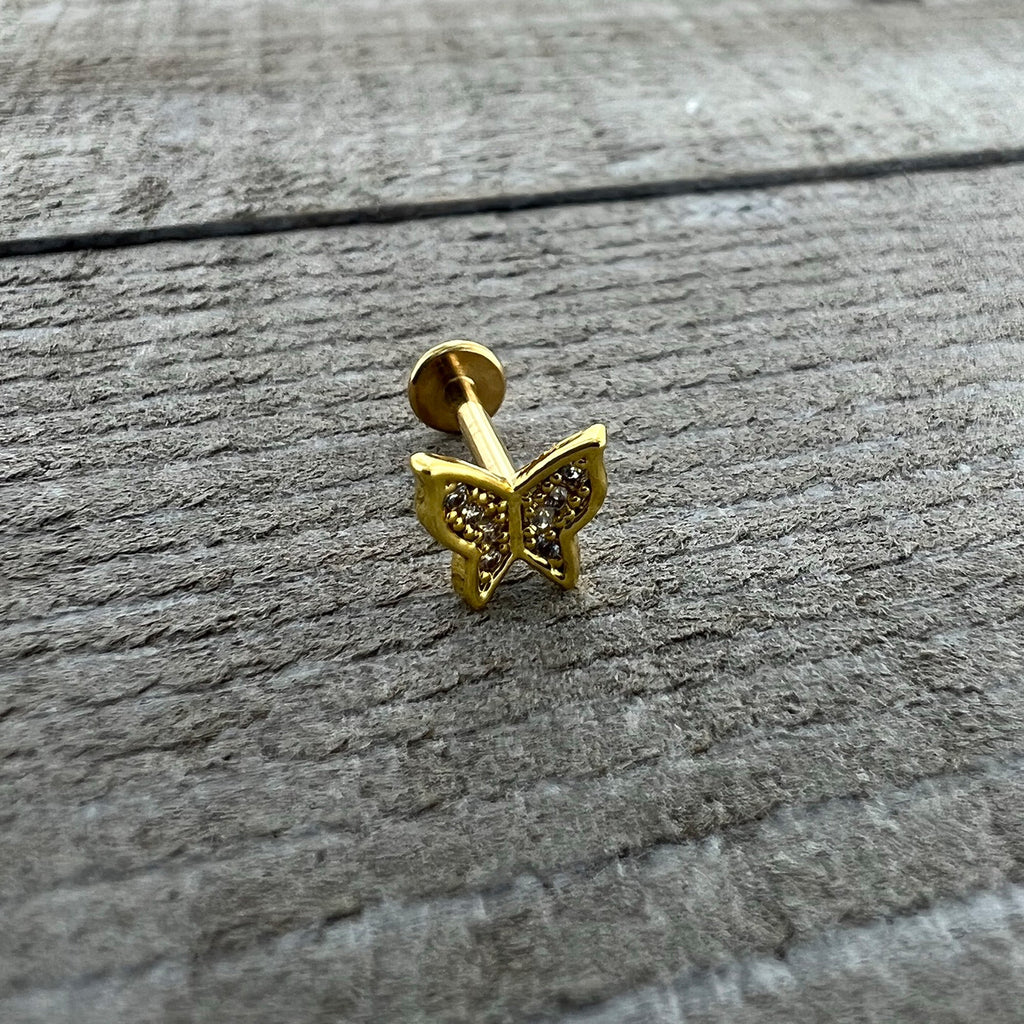 16G 5/16 Clear Gem Gold Tone Butterfly Internally Threaded Labret