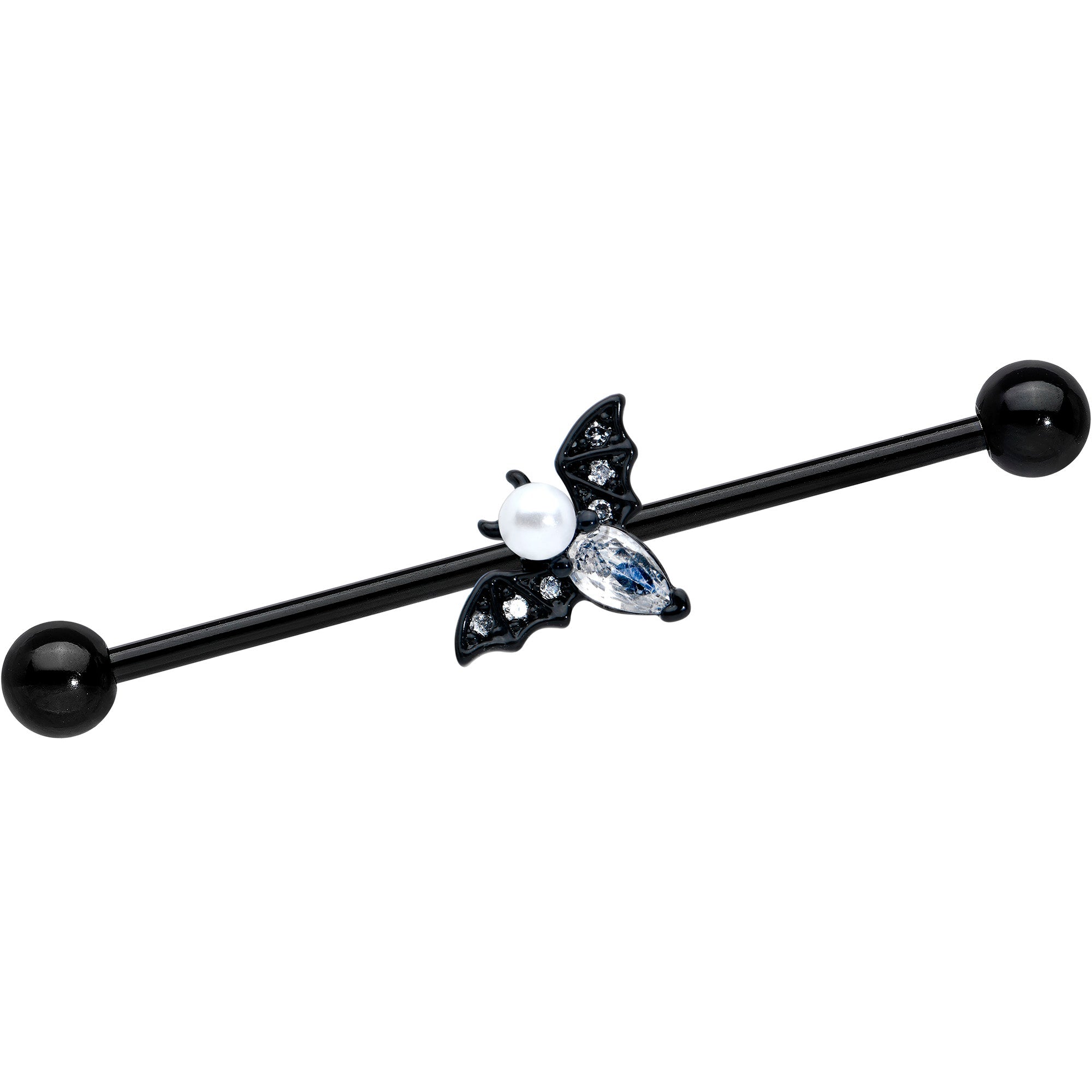 14G Faux Pearl Black Bat Halloween Industrial Barbell 38mm